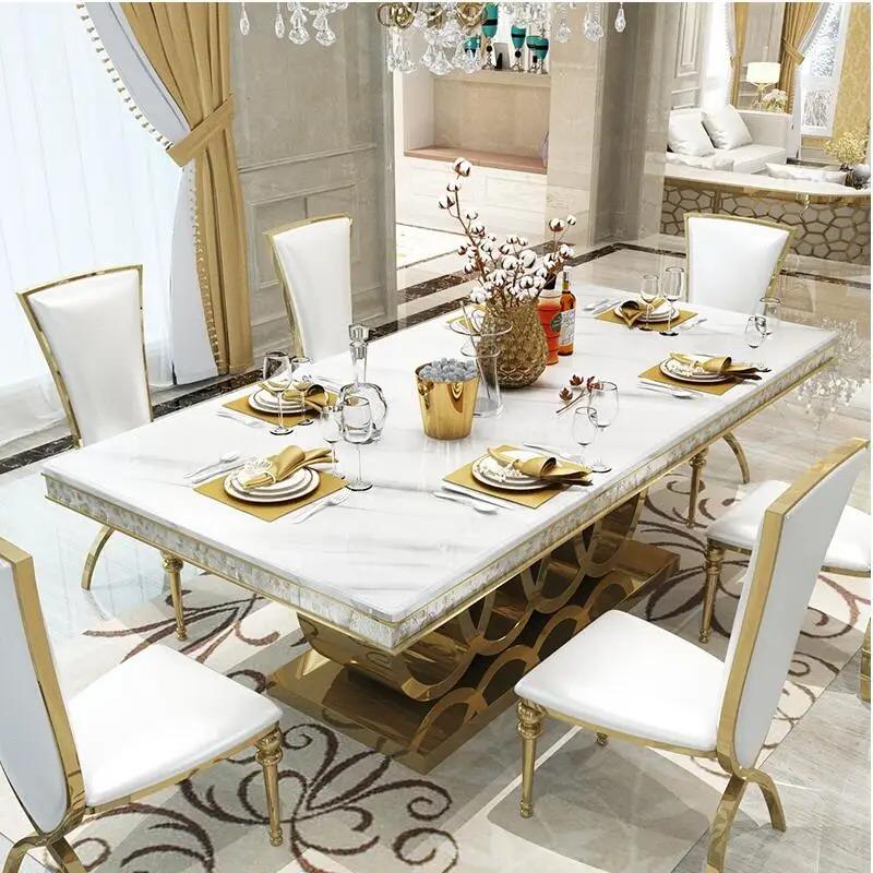 Drenie™ Modern Marble Dining Table & Chairs Set | Stainless Steel Legs & Carved Golden Mesas