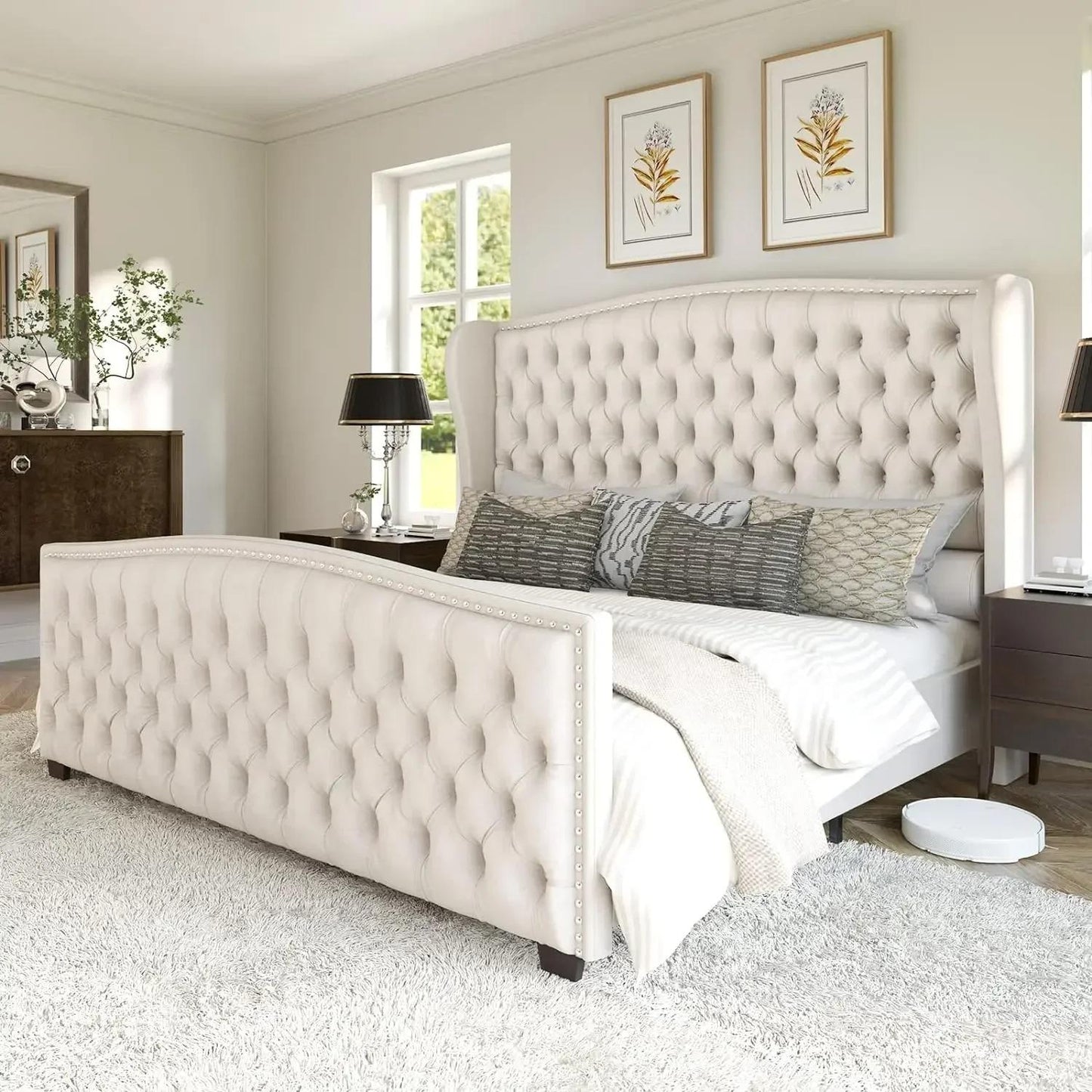 Drenie™ Velvet King Bed Frame | Tufted Headboard & Nailhead Trim Wingback