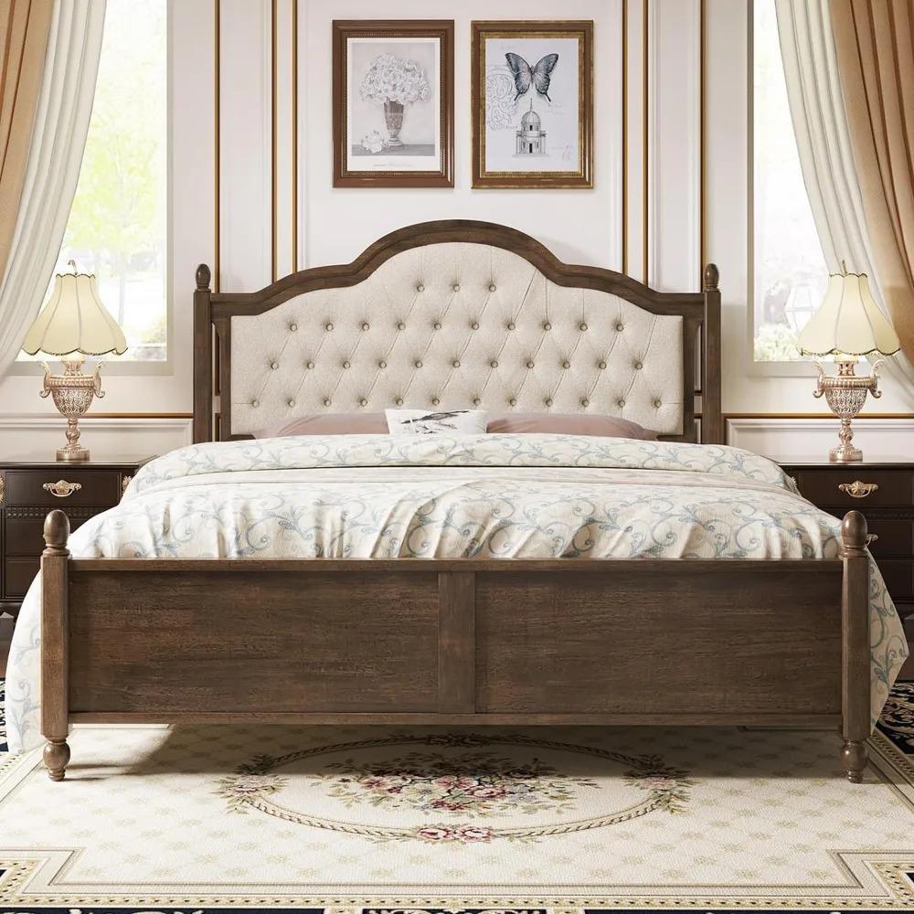 Drenie™ King Wood Platform Bed | Solid Wood Frame with Upholstered Headboard