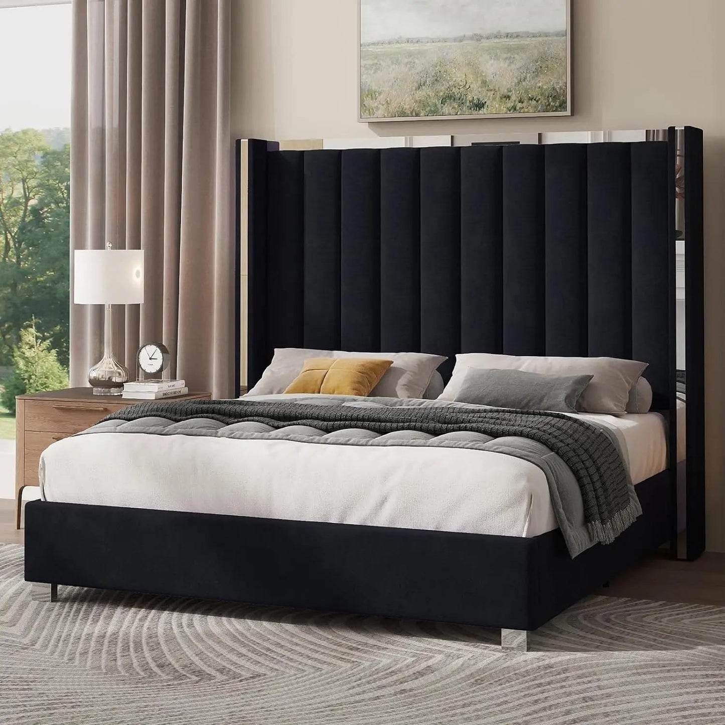 Drenie™ Velvet Upholstered Platform Bed Frame with Tall Headboard - No Box Spring Needed