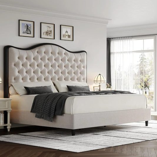 Drenie™ Queen Bed Frame | Upholstered Platform Bed with Tufted Headboard