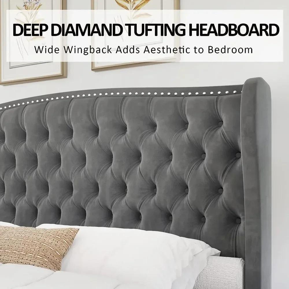 Drenie™ Velvet King Bed Frame | Tufted Headboard & Nailhead Trim Wingback