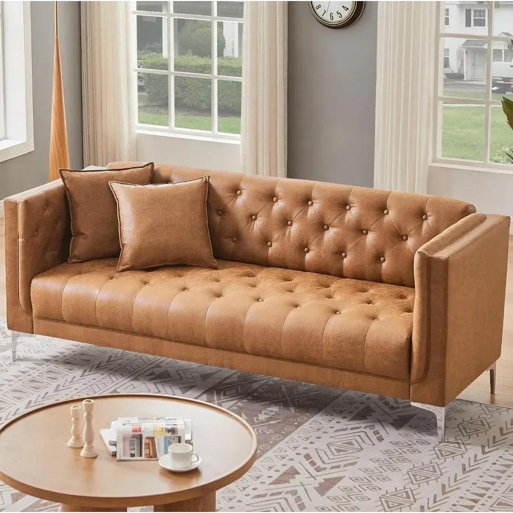 Drenie™ Handmade Leather 3-Seater Sofa | Deep Seat Button Tufted Couch for Living Room