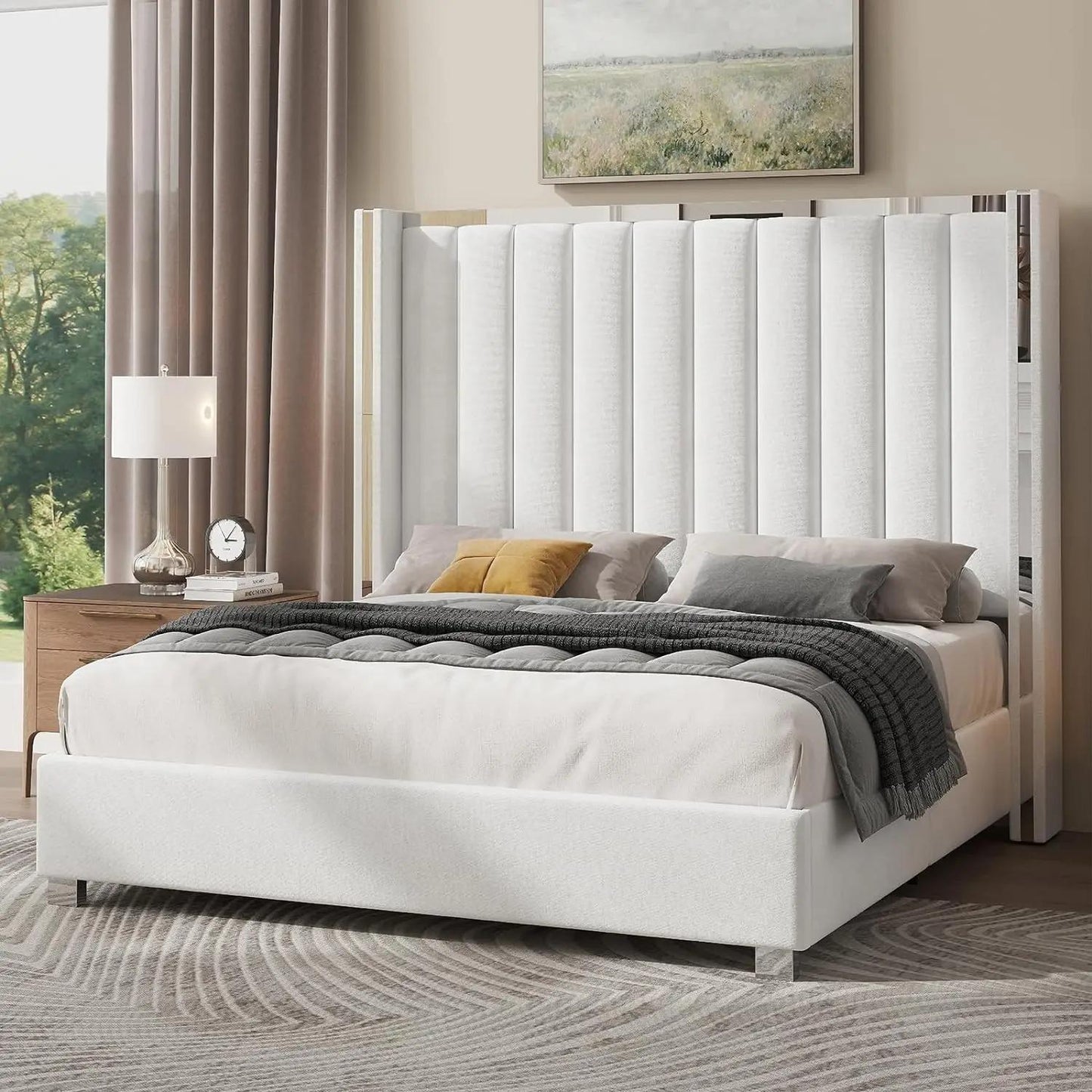 Drenie™ Velvet Upholstered Platform Bed Frame with Tall Headboard - No Box Spring Needed