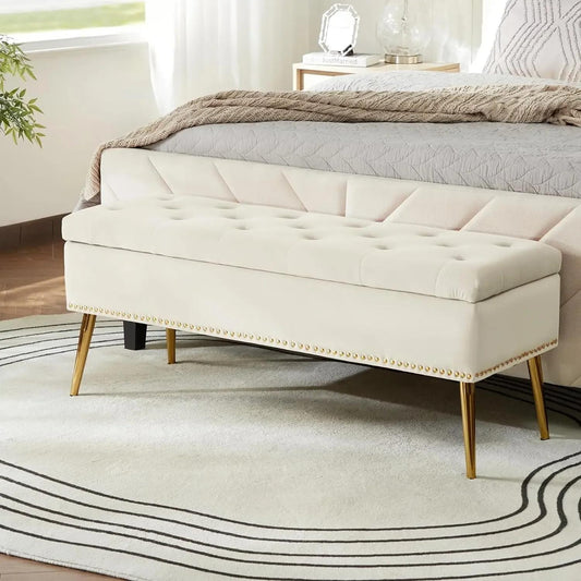 Drenie™ Velvet Storage Bench with Gold Base | Bedroom Footstool