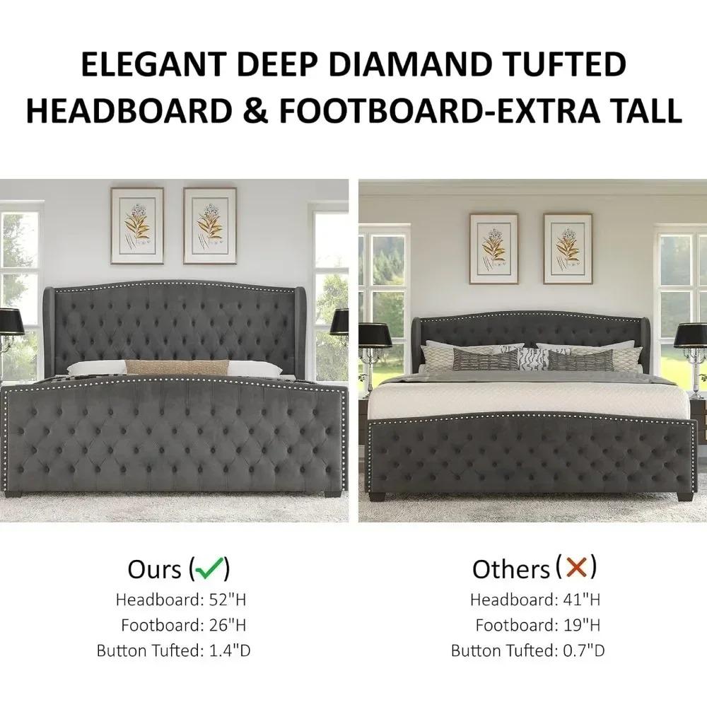 Drenie™ Velvet King Bed Frame | Tufted Headboard & Nailhead Trim Wingback