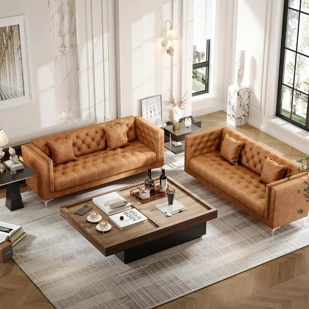 Drenie™ Handmade Leather 3-Seater Sofa | Deep Seat Button Tufted Couch for Living Room