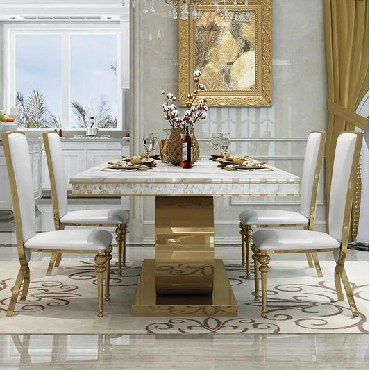 Drenie™ Modern Marble Dining Table & Chairs Set | Stainless Steel Legs & Carved Golden Mesas