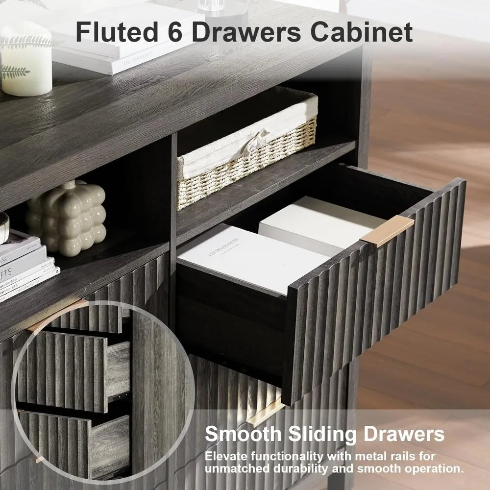 Drenie™ 6 Drawer Modern Wooden Dresser with Open Shelves | Bedroom Furniture