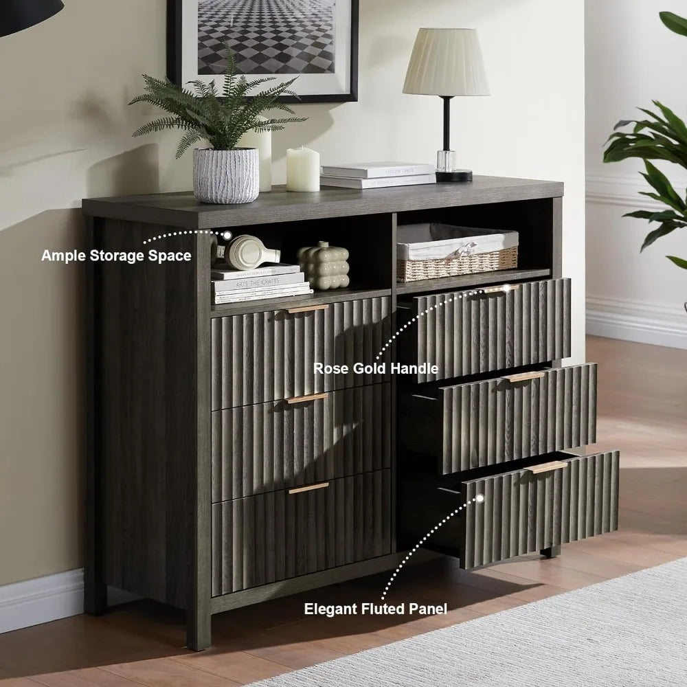 Drenie™ 6 Drawer Modern Wooden Dresser with Open Shelves | Bedroom Furniture