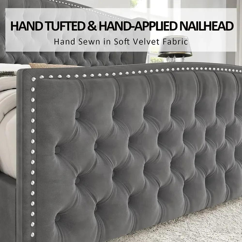 Drenie™ Velvet King Bed Frame | Tufted Headboard & Nailhead Trim Wingback