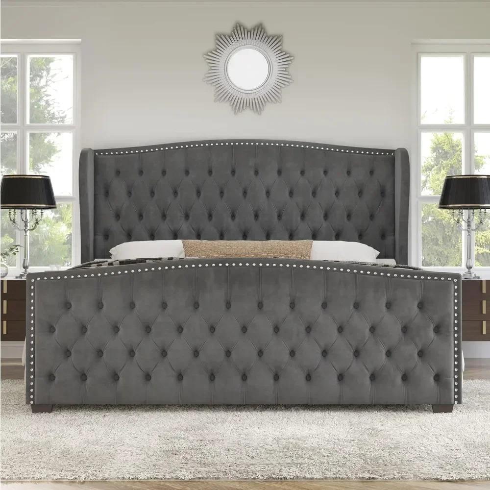 Drenie™ Velvet King Bed Frame | Tufted Headboard & Nailhead Trim Wingback