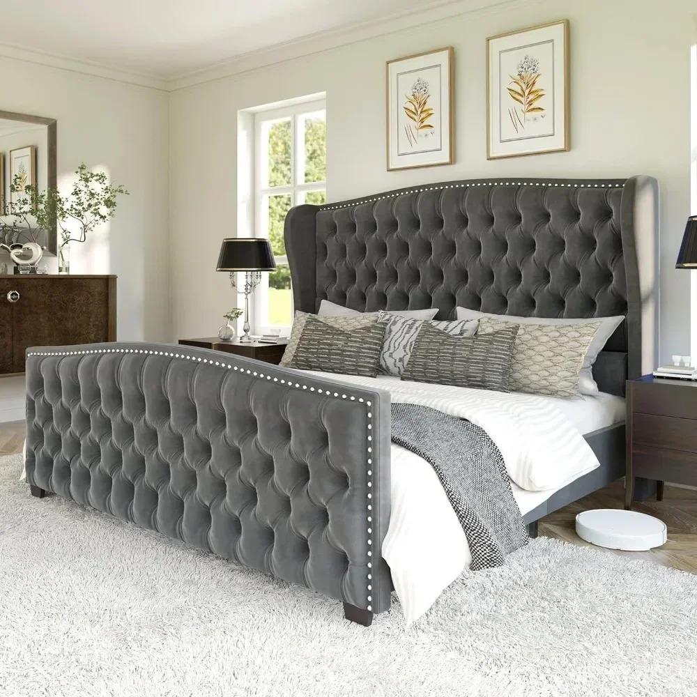 Drenie™ Velvet King Bed Frame | Tufted Headboard & Nailhead Trim Wingback