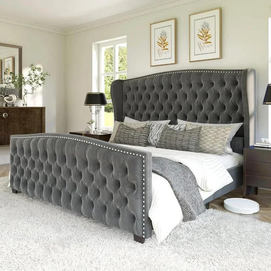 Drenie™ Velvet King Bed Frame | Tufted Headboard & Nailhead Trim Wingback