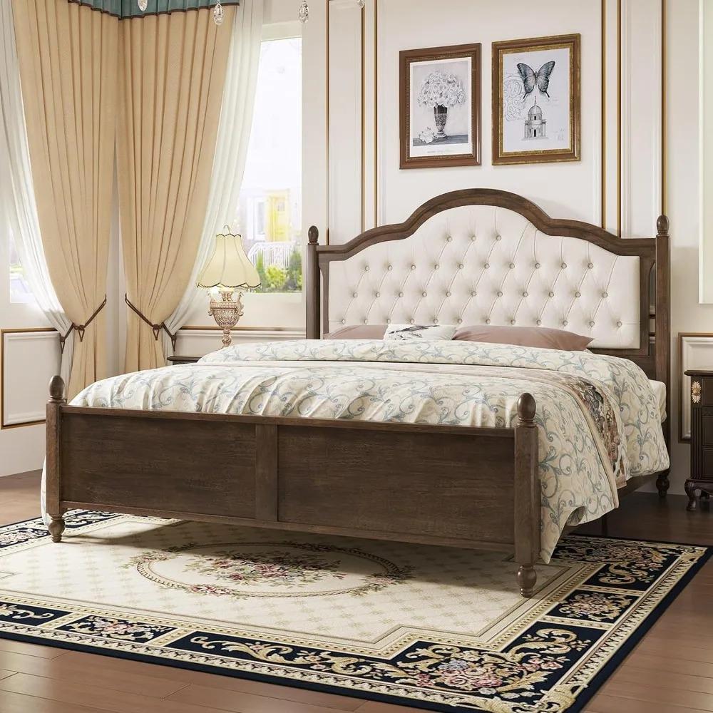 Drenie™ King Wood Platform Bed | Solid Wood Frame with Upholstered Headboard