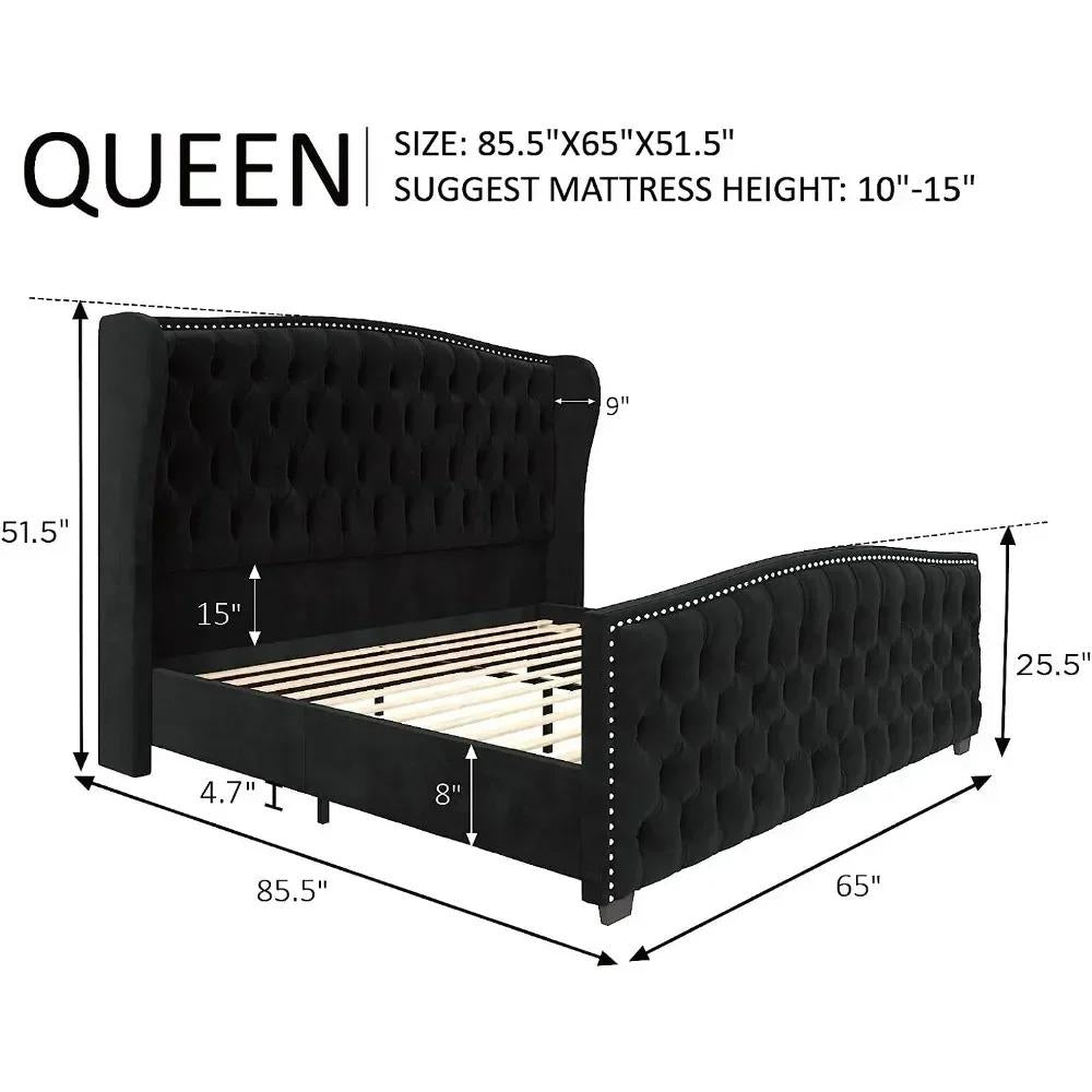 Drenie™ Velvet King Bed Frame | Tufted Headboard & Nailhead Trim Wingback